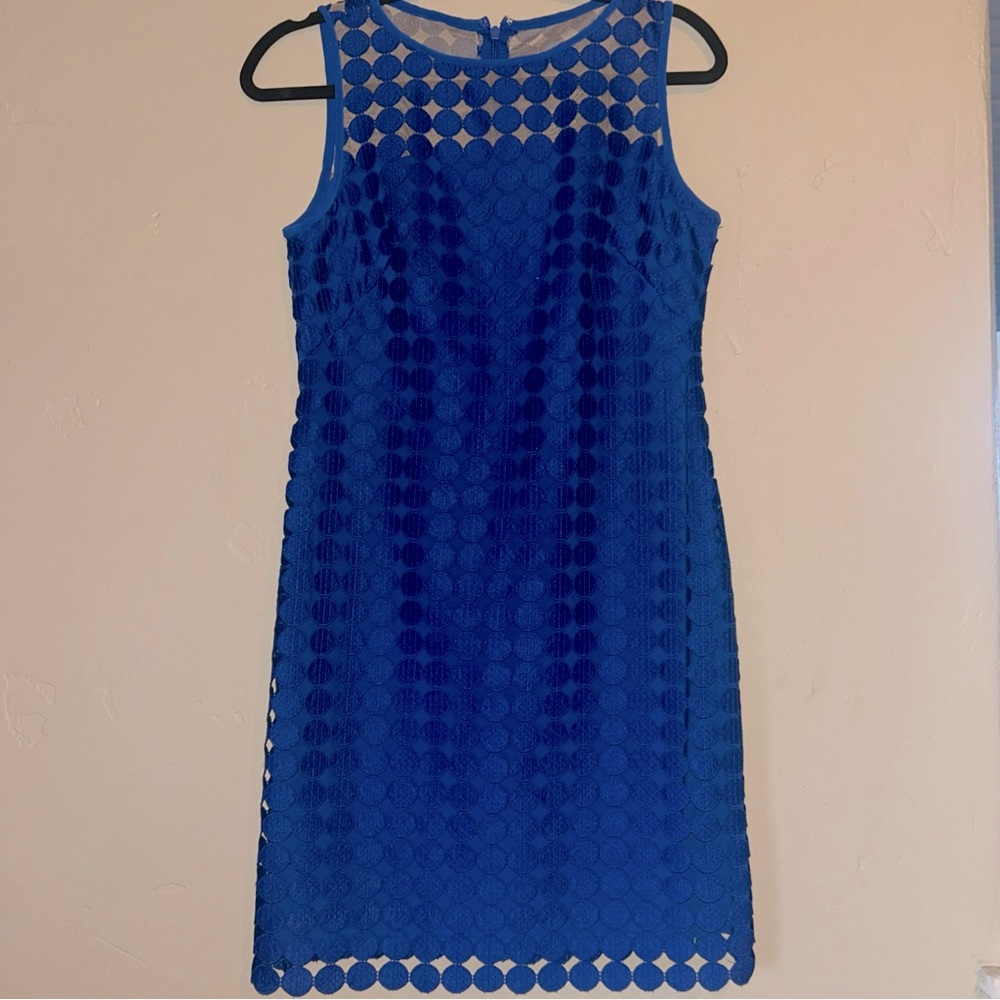 Lauren Ralph Lauren Blue Dot Lined Sleeveless Sheath Cocktail Dress Sz 8P